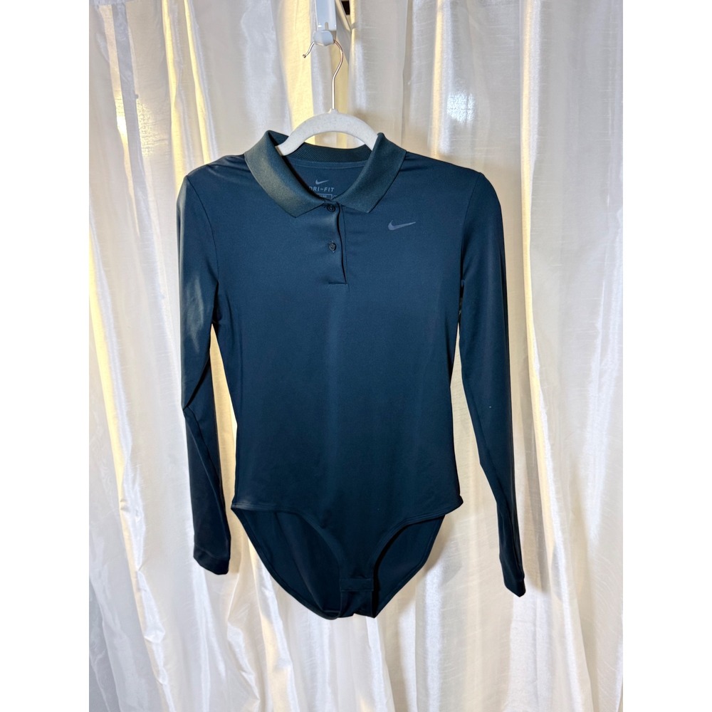 Nike Polo Bodysuit Womens Small Green Dri-FIT Long Sleeve Slim Fit Snap Closure